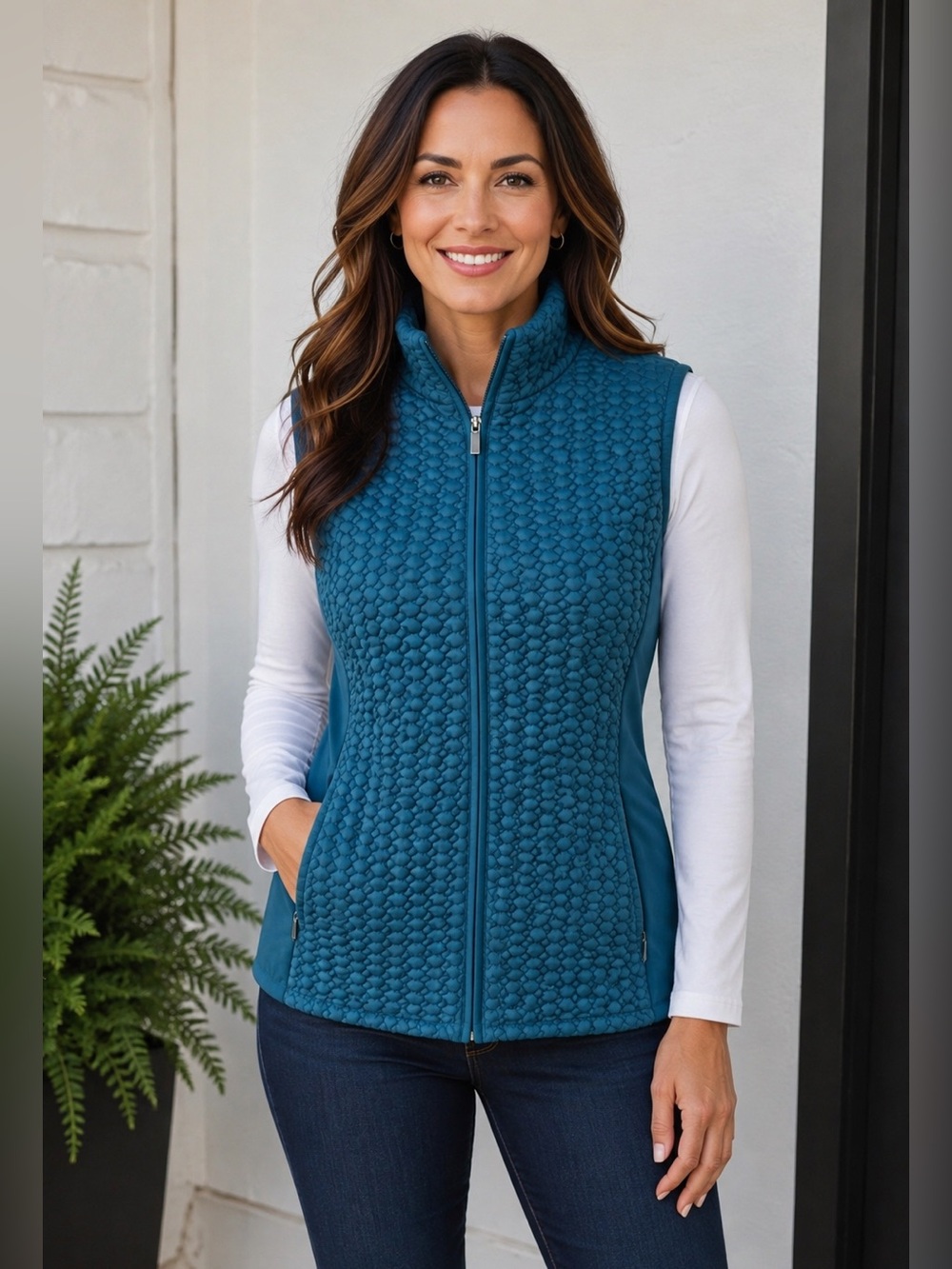 Susan Graver Basketweave Teal Mock Neck Vest Zip Pockets Medium Sporty Chic